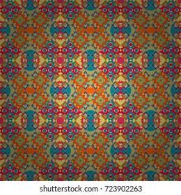 Hand drawn seamless pattern. Zigzag and stripe line, rhombus and tiles. For textile, wallpaper, wrapping paper. Ethnic theme. Vector tribal design in orange, blue and green colors.
