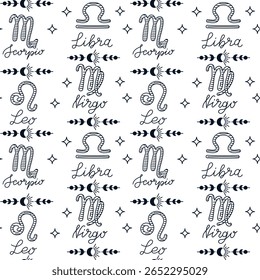 Padrão sem emenda desenhado à mão com sinais do zodíaco Leão, Virgem, Libra e Escorpião, isolado no fundo branco. Conceito de astrologia, símbolos místicos e design celeste