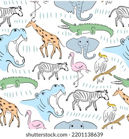 Hand drawn seamless pattern of zoo animals like crocodile, elephant, giraffe, zebra, hippopotamus, flamingo, parrot isolated on white background.