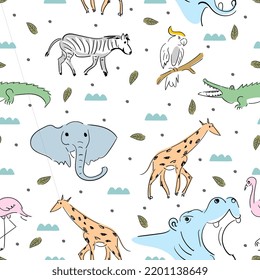 Hand drawn seamless pattern of zoo animals like crocodile, elephant, giraffe, zebra, hippopotamus, flamingo, parrot isolated on white background.