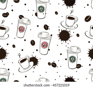 Hand drawn seamless pattern.Concept for coffee house, cafe, issue price lists and card, booklets. Business label. Vintage poster. Vector background template for cafe bar or restaurant. 