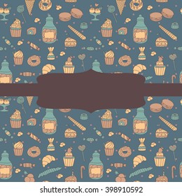 Hand drawn seamless patterns with candies and sweets. Vector illustration. EPS8