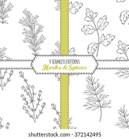 Hand drawn seamless patterns collection with rosemary, parsley, dill, thyme. Doodle drawing spicy herbs . Kitchen background. Vector illustration