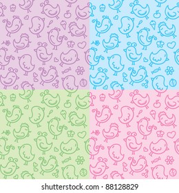hand drawn seamless patterns with cute birds, vector set