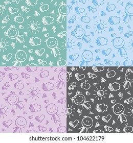 hand drawn seamless patterns with kids and summer symbols