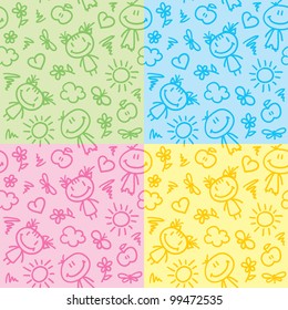 hand drawn seamless patterns with kids and summer symbols