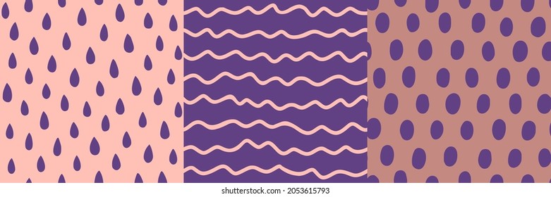 Hand Drawn Seamless Patterns Set. Abstract Vector Background in Contemporary Style. Rain Drops, Wavy Lines and Polka Dots in Pink and Purple Color for Print on Fabric, Package, Covers and more