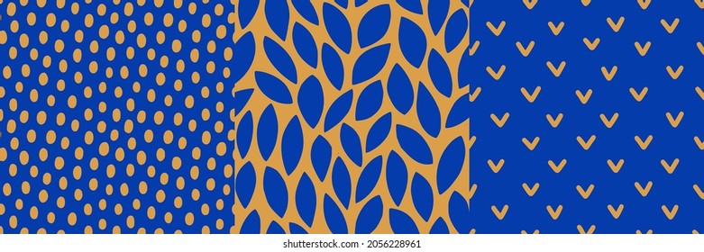 Hand Drawn Seamless Patterns Set. Abstract Vector Background in Contemporary Style. Polka Dot, Check Mark and Leaves in Blue and Mustard Color for Print on Fabric, Package, Covers and more