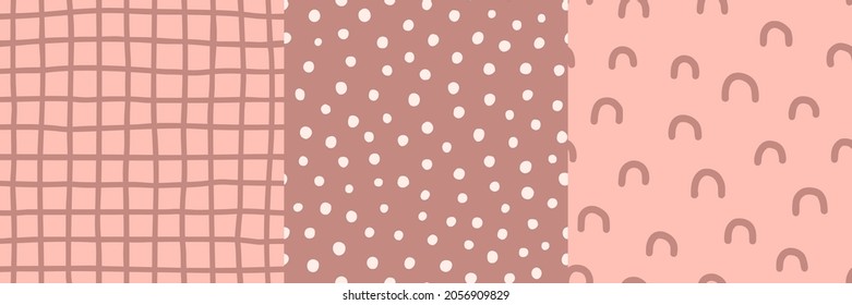 Patrones Impresionados A Mano Sin Margen. Fondo del vector abstracto en estilo contemporáneo. Cuadrícula, arco iris y puntos de polka en color rosa pastel para impresión en tela, empaque, cubiertas y más