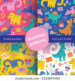 Hand drawn seamless patterns set, childish dinosaurs collection, birthday wrapping paper, colored decoration with tyrannosaurus. Vector illustrations on colorful backgrounds, baby shower print