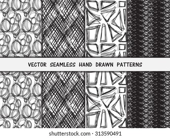 Hand drawn seamless patterns set, scribble style. Vector