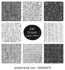 Hand drawn seamless patterns set. Grunge vector texture. 