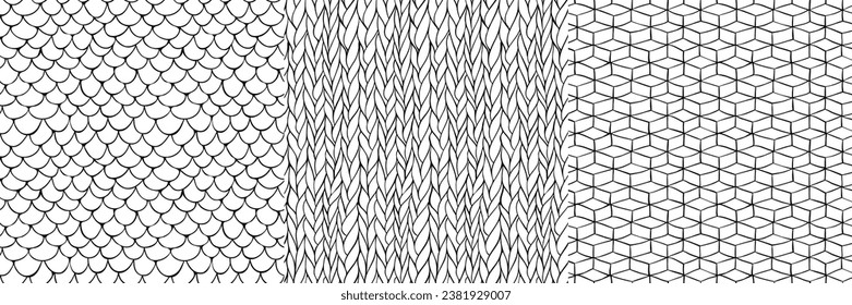 Hand drawn seamless patterns with texture of fish scale, abstract geometric lines and print of wool knit. Black and white sketch patterns set, vector illustration