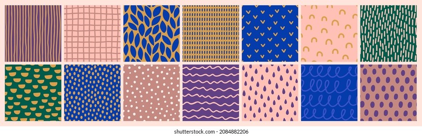 Hand Drawn Seamless Patterns Textures Set. Abstract Vector Background in Contemporary Style. Rain Drops, Wavy Lines and Polka Dots in Pastel Color for Print on Fabric, Package, Covers and more