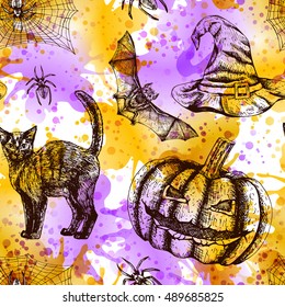 Hand drawn seamless patternwith watercolor. Sketches of bat spider web witch hat black cat broom and pumpkin. Doodle line graphic design. Vector brown orange and purple background.
