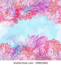 Hand drawn seamless pink and blue invitation card design with leaves. Eps10
