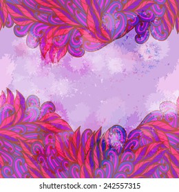 Hand drawn seamless pink and blue invitation card design with leaves. Eps10