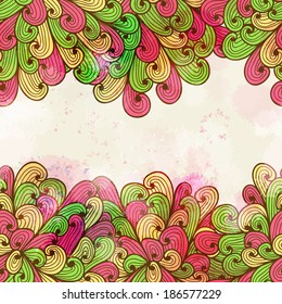 Hand drawn seamless pink and green invitation card design with swirls. Eps10