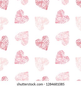 Hand drawn seamless pink heart pattern. Valentines day vector background.