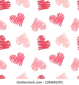 Hand drawn seamless pink heart pattern. Valentines day vector background.