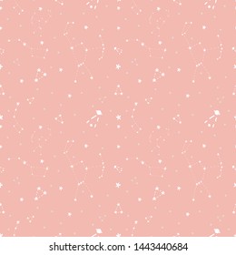 Hand drawn seamless pink pattern with space. Constellation: The Big Dipper, The little bear, Orion and stars