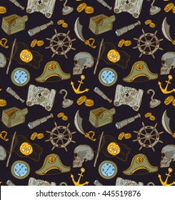 Hand drawn seamless pirate pattern. Vector illustration. 