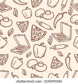 hand drawn seamless pizza pattern and ingredients in vintage style