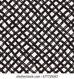 Hand drawn seamless plaid pattern. Allover pattern with ink doodle grunge grid. Graphic background with freehand line tartan.