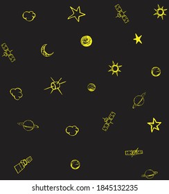 Hand drawn seamless  planets and satellites.