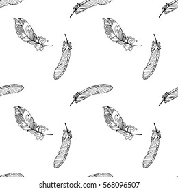 Hand Drawn Seamless Plumage Pattern. Vector Black and White Endless Feather Background