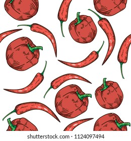Hand drawn seamless red bell peppers and chili pepper pattern 