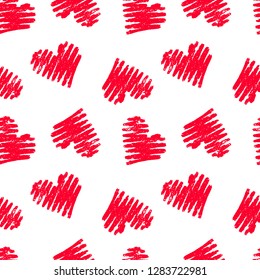 Hand drawn seamless red heart pattern. Valentines day vector background.