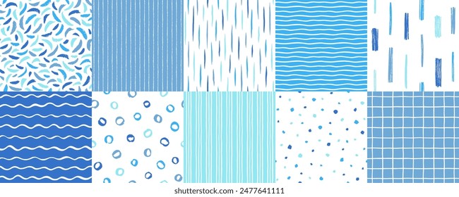 Hand drawn seamless repeat abstract vector patterns set. Chalk crayon brush ink wavy stripes, sea waves, pinstripes, uneven lines, dots, artistic textured spots, check, mesh backgrounds. Blue colors.