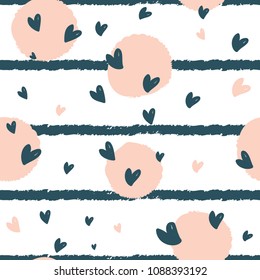 Hand drawn seamless repeat pattern with round shapes and hearts in pastel pink and blue stripes texture on white background.