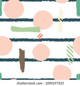 Hand drawn seamless repeat pattern with round shapes in pastel pink and stripes texture on white background.