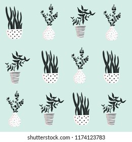 Hand drawn seamless repeat pattern with succulent and home plants in black, white and turquoise blue.