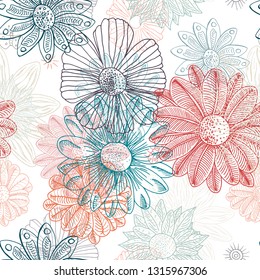 Hand drawn seamless repeat pattern of a iridescence flowers collection, with a lucent grouping which shows through on pearl white background - Vector. Suitable for crafting, fashion, design etc.