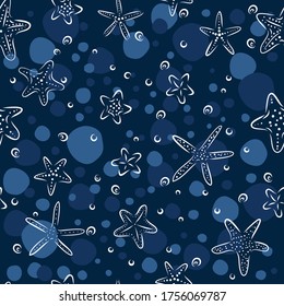 Hand drawn seamless repeat pattern with starfish in clasic blue background. Vector Hand drawn illustration for kids textile, fabric and paper.