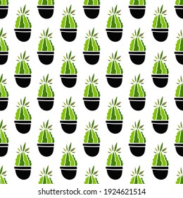 Hand drawn seamless repeat pattern with house plants. Cactuses in floral pots. Decorative background. Botanical style texture