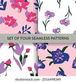 Hand drawn seamless repeat pattern collection abstract flowers. Vector illustration. No AI generated content in this pattern set.