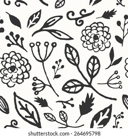 Hand drawn seamless repeat pattern with floral design elements in black and white.