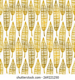 Hand drawn seamless repeat pattern with gold foil ornate leaves.
