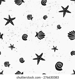 Hand drawn seamless repeat pattern with seashells in black and white.