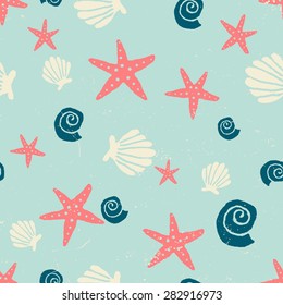 Hand drawn seamless repeat pattern with seashells in red, blue and white.