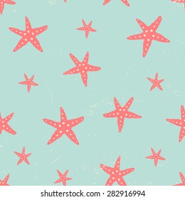 Hand drawn seamless repeat pattern with starfish in red on light blue background.