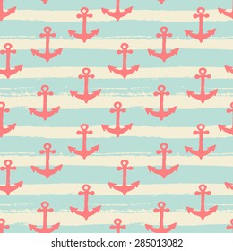Hand drawn seamless repeat pattern with anchors in red on a striped background.