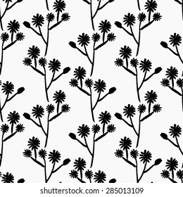 Hand drawn seamless repeat pattern with stylized flowers in black on white background.