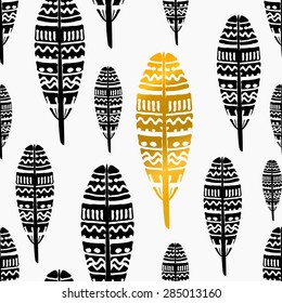 Hand drawn seamless repeat pattern with ornate feathers in black and golden on white background.
