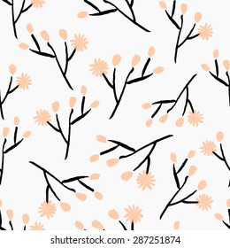 Hand drawn seamless repeat pattern with stylized flowers in black and pink on white background.