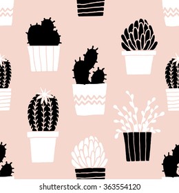 Hand drawn seamless repeat pattern with succulent plants in black, white and pastel pink.